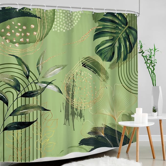 Sage Green Boho Shower Curtain 72Wx72H Abstract Mid Century Tropical Palm - Image 3