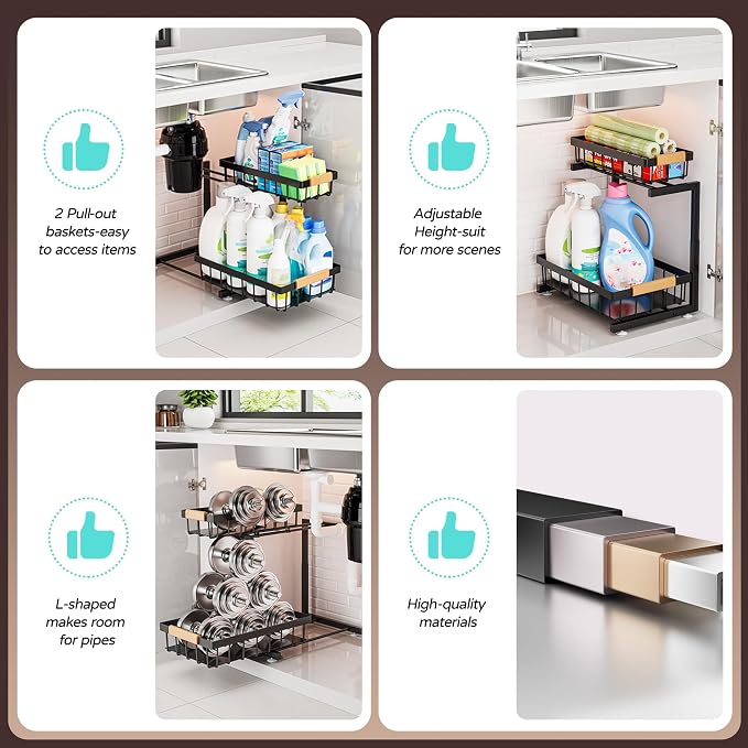 ADBIU Under Sink Organizer, 2 Pack 2 Tier Expandable Height Pulling Out Kitchen - Image 8