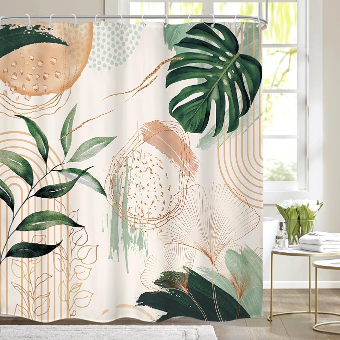 Boho Shower Curtain 72Wx72H Modern Bohemian Abstract Tropical Green Leaves by MitpokBrand