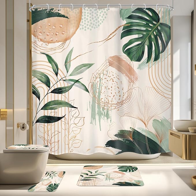 4 PCS Boho Shower Curtain Set 72Wx72H, Non-Slip Bath Rug Toilet Lid Cover and U by MitpokBrand