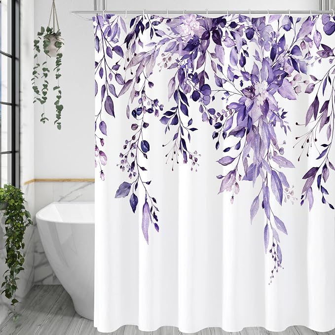 Gibelle Purple Eucalyptus Shower Curtain, Watercolor Plant Leaves by Gibelle