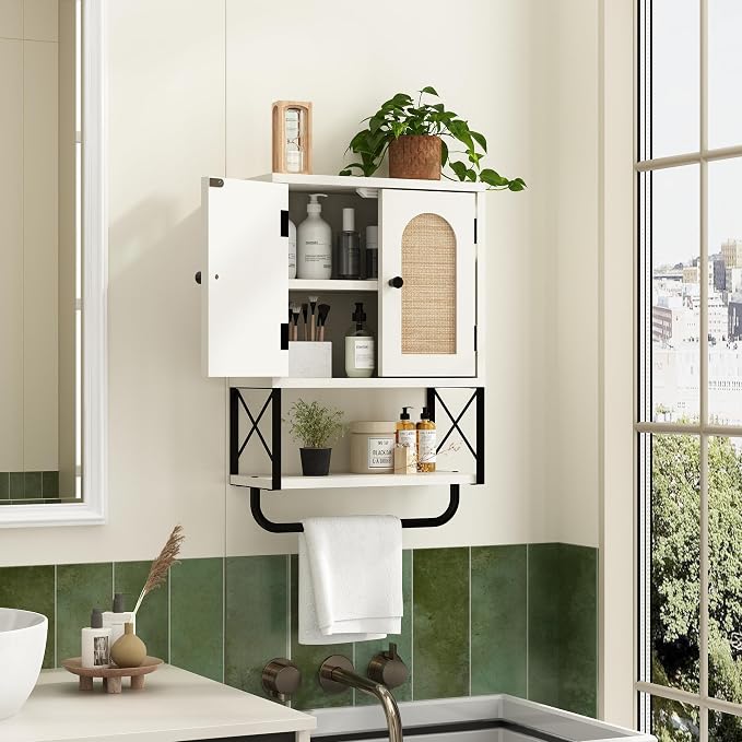 RUSTOWN Rattan Bathroom Wall Cabinet, Boho Over The Toilet Storage Cabinet - Image 3