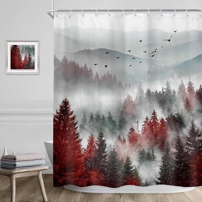 Riyidecor Red Black Mountain Shower Curtain 60Wx72H Inch Nature Woods Scenery - Image 3