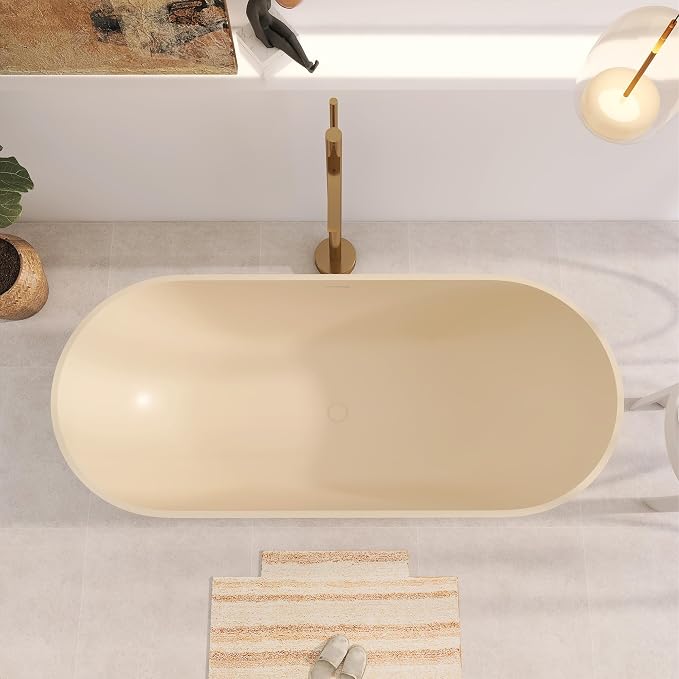 69" Premium Cream Stone Resin Solid Surface Free Standing Bathtub, Unique Matte - Image 4