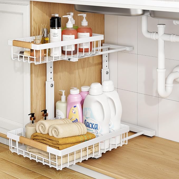 PXRACK 1 Pack Under Sink Organizer, Adjustable Height, 2 Tier Pull Out Under by PXRACK