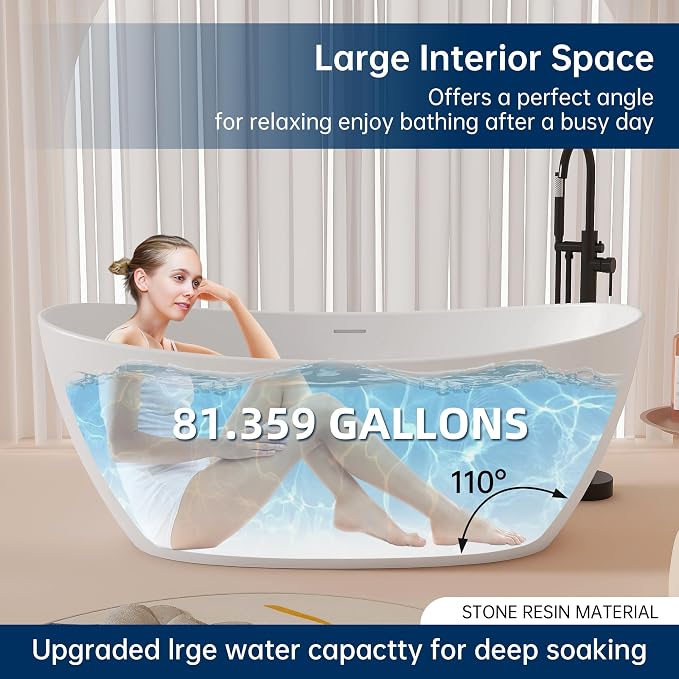 65'' Freestanding Solid Surface Resin Stone Bathtub, Freestanding Tub, - Image 3