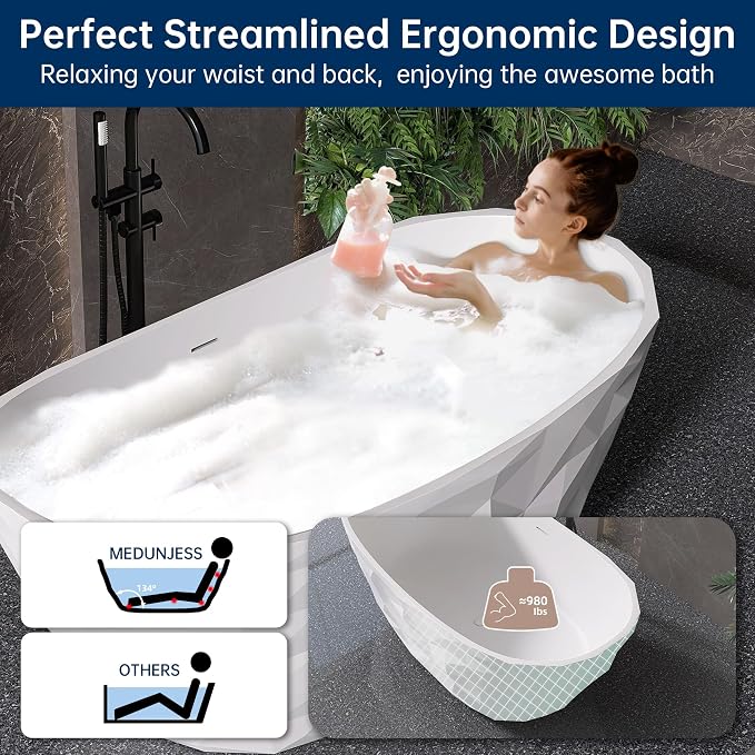 64'' Stone Resin Solid Surface Freestanding Bathtub, Modern Elegant Design - Image 4