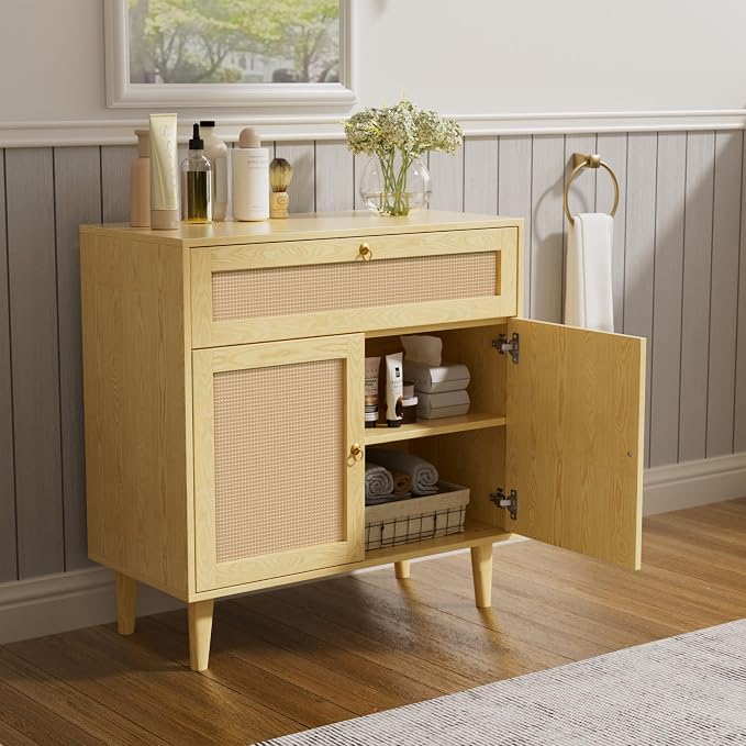 Storage Cabinet with Rattan Decor Doors & Drawer, Modern Bathroom Floor Storage - Image 7