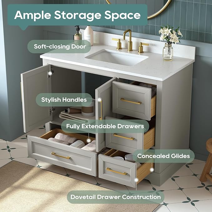42 Inch Bathroom Vanity with Sink Combo, Solid Wood Frame with Marble Top - Image 4