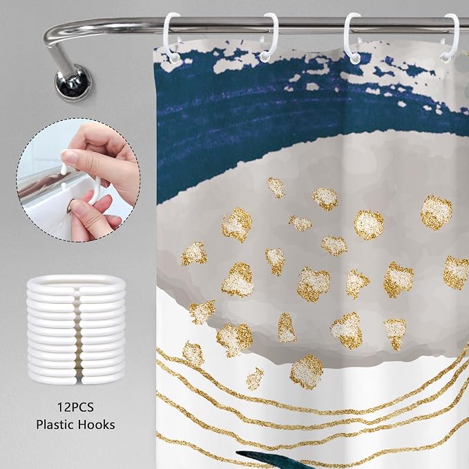 Navy Blue Boho Shower Curtain 72Wx72H Modern Mid Century Abstract Gold Tropical - Image 5