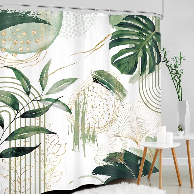 Sage Green Boho Shower Curtain 72Wx78H Mid Century Modern Tropical Palm Leaves - Image 3