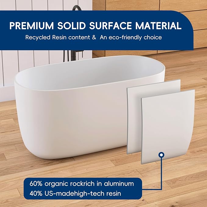 47" Stone Resin Freestanding Bathtub, Oval Solid Surface Bathroom Freestanding - Image 7