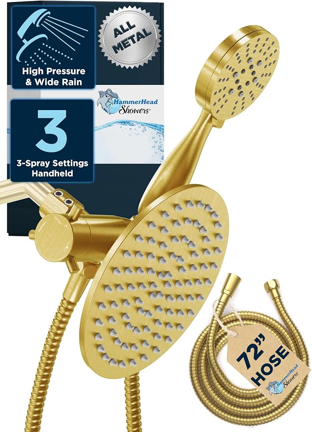 HammerHead Showers® Solid Metal Dual Shower Head Combo – BRUSHED GOLD – 8 Inch by HammerHeadShowers