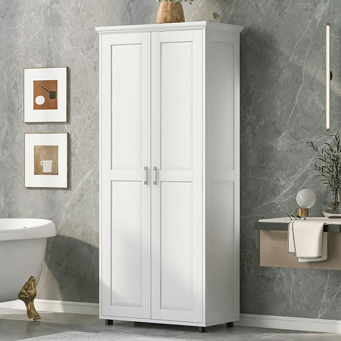 Tall Wide Storage Cabinet with 2 Doors and 4 Adjustable Shelves, Wood White - Image 3