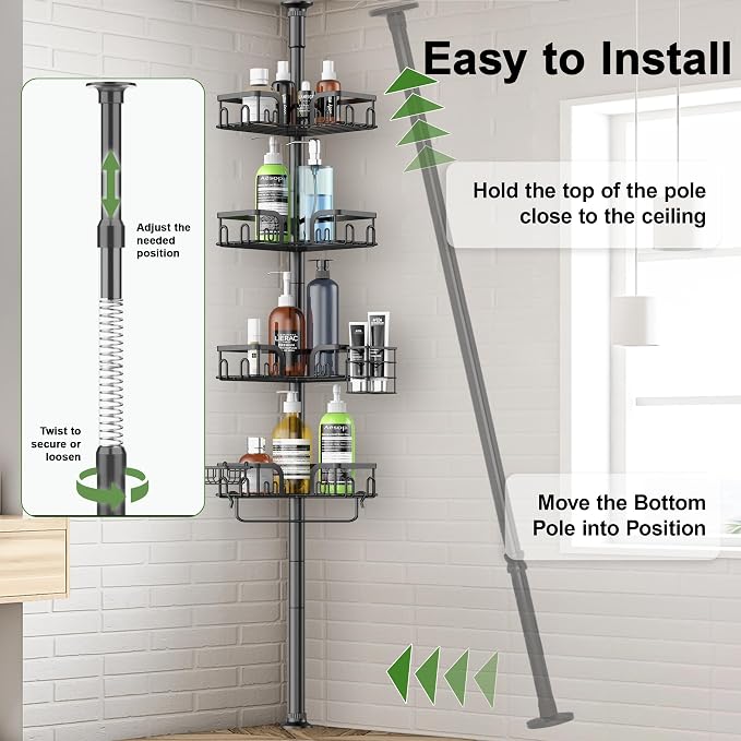 Corner Shower Caddy Tension Pole, 4-Tier Rustproof Bathroom Organizer Storage - Image 6