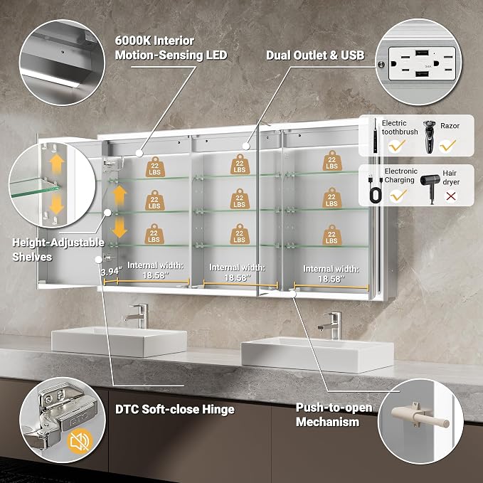 60x30 Beveled Lighted Medicine Cabinet - Image 6