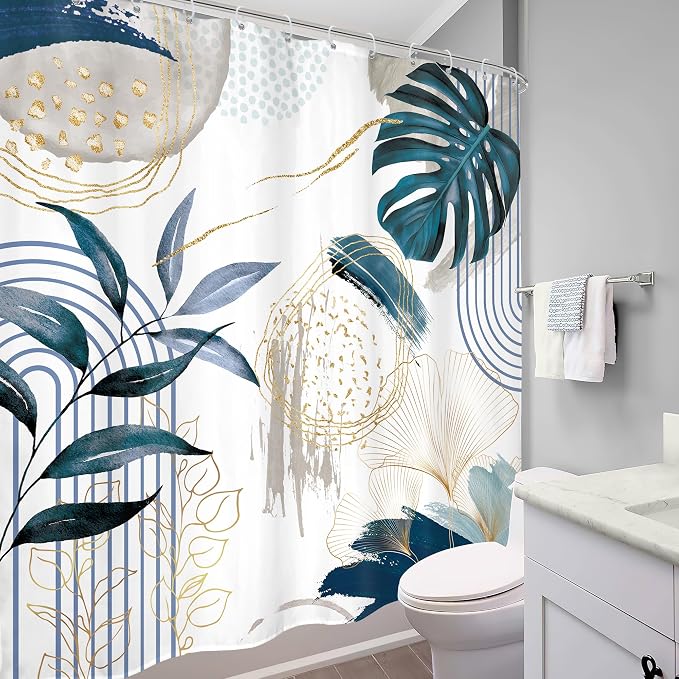 Navy Blue Boho Shower Curtain 72Wx72H Modern Mid Century Abstract Gold Tropical - Image 4