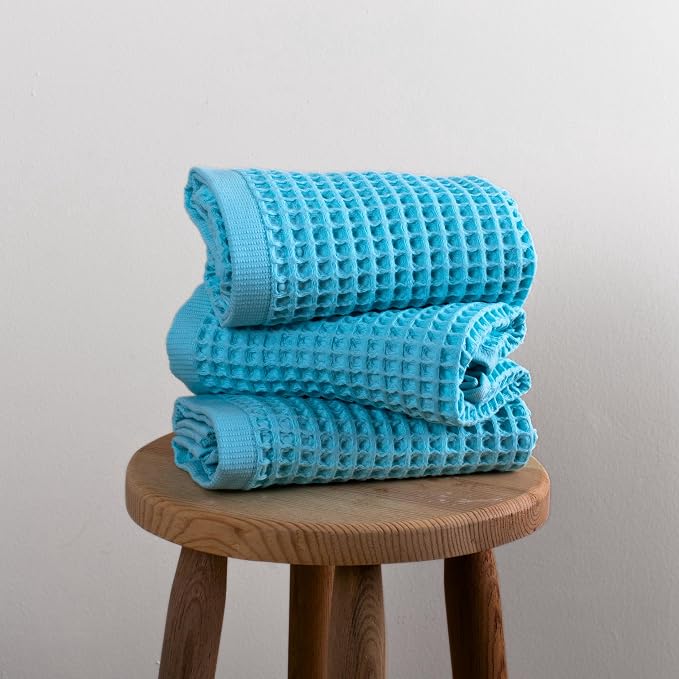PÜSKÜL Organic Waffle Kitchen Towel 100% Turkish Cotton Set of 3 Turquoise - Image 7