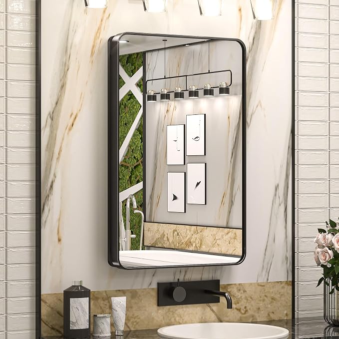 Keonjinn 20 x 32 Inch Black Mirrored Medicine Cabinet, Recessed Medicine by Keonjinn