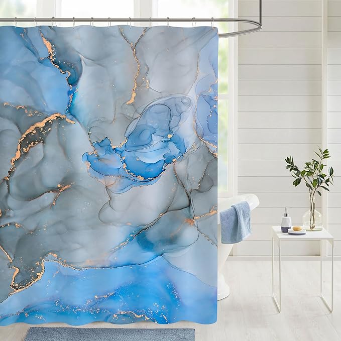 Gibelle Extra Long Shower Curtain 72 x 84, Tall Abstract Blue Grey Marble by Gibelle