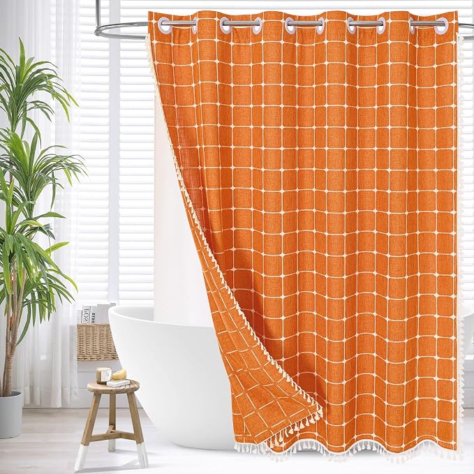 MitoVilla No Hooks Needed Orange Boho Shower Curtain by MitoVilla