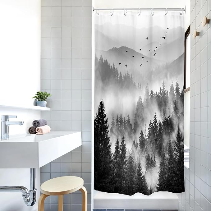 Riyidecor Black and White Shower Curtain 36Wx72H Inch Mountain Rustic Pine Tree - Image 2