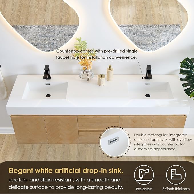 72 Inch Floating Sink Bathroom Vanity Wall Mount Double Vanities Overflow - Image 7