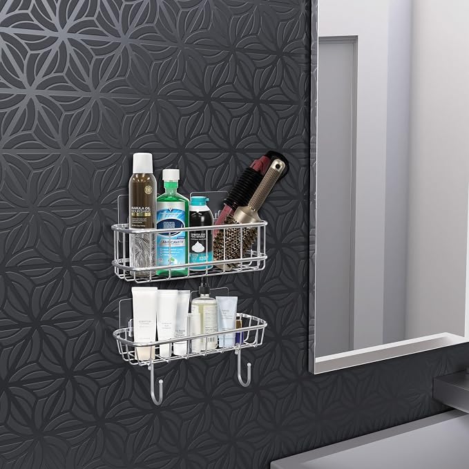 Simple Houseware Bathroom Adhesive Wall Mount Standard Shower Caddy w/Hooks - Image 5
