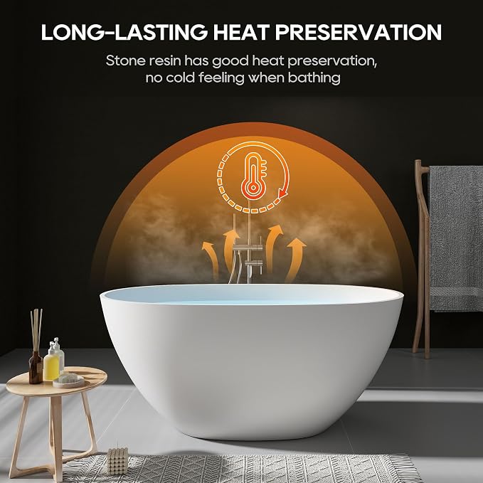 SJ STAR&JANE 51" Solid Surface Freestanding Bathtub, Stone Resin Oval Soaking - Image 3