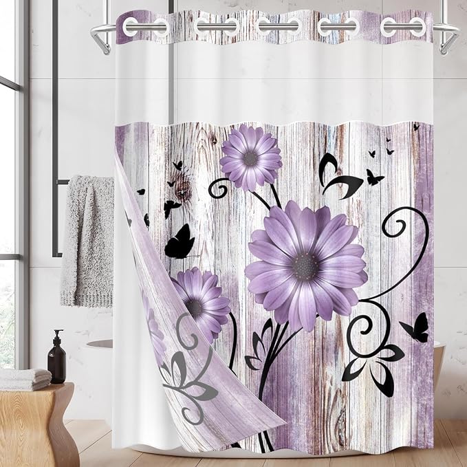 No Hook Purple Flower Shower Curtain by Nesphy