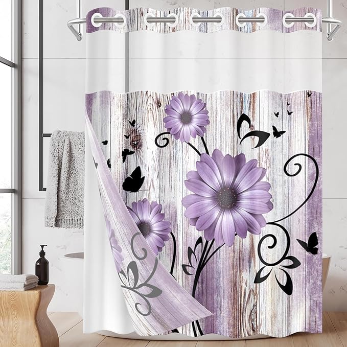 No Hook Purple Flower Shower Curtain by Nesphy