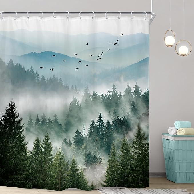 Riyidecor Green Mountain Shower Curtain 72Wx84H Inch Extra Long Nature Scenery - Image 2