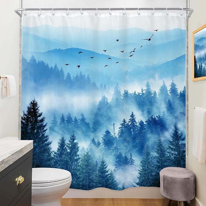 Riyidecor Extra Long Blue Shower Curtain 72Wx78H Inch Foggy Misty Nature - Image 4