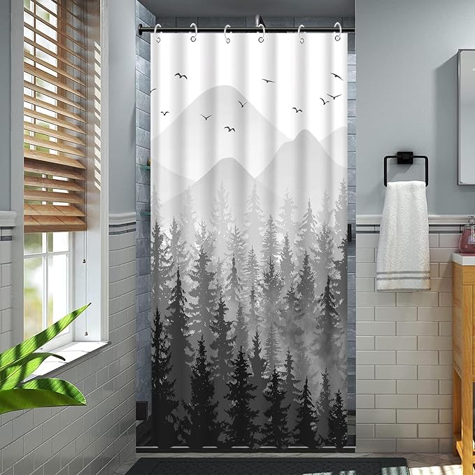 Aipon Black Misty Forest Shower Curtain Gray Ombre Nature Tree Plants Shower - Image 4