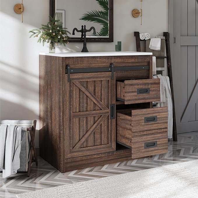 31" Farmhouse Sliding Barn Door Bathroom Vanity - Image 3