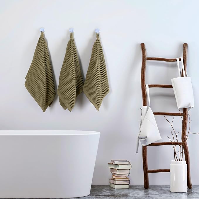PÜSKÜL Organic Waffle Kitchen Towel 100% Turkish Cotton Set of 3 Khakie Green - Image 6