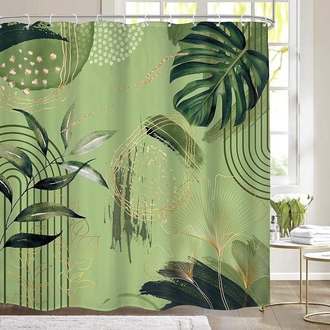 Sage Green Boho Shower Curtain 72Wx72H Abstract Mid Century Tropical Palm by MitpokBrand