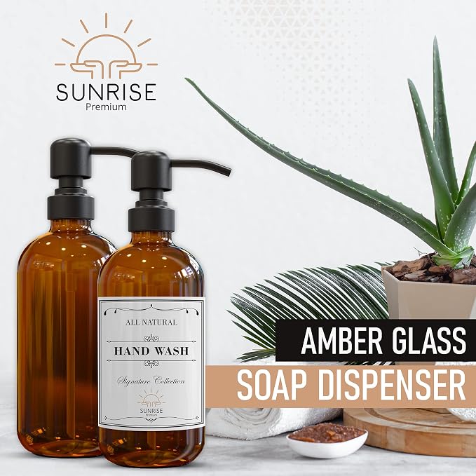 2 Pack Amber Glass Soap Dispenser 16 OZ - Image 3