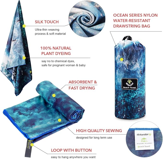 4Monster Microfiber Beach Towel Quick Dry, Super Absorbent Lightweight Travel - Image 3