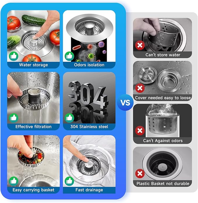3 in 1 Kitchen Sink Drain Strainer Sink Stopper, Stainless Steel Sink Drain - Image 4