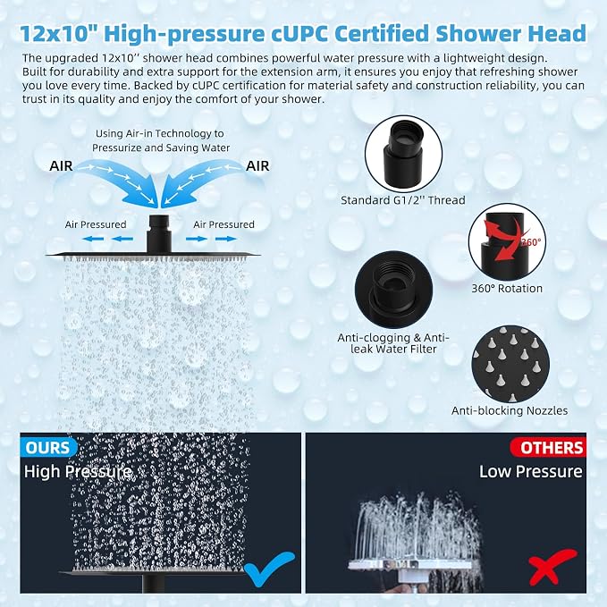 Hibbent All Metal CUPC Certified 12'' Rainfall Shower Head, Dual Shower Head - Image 6