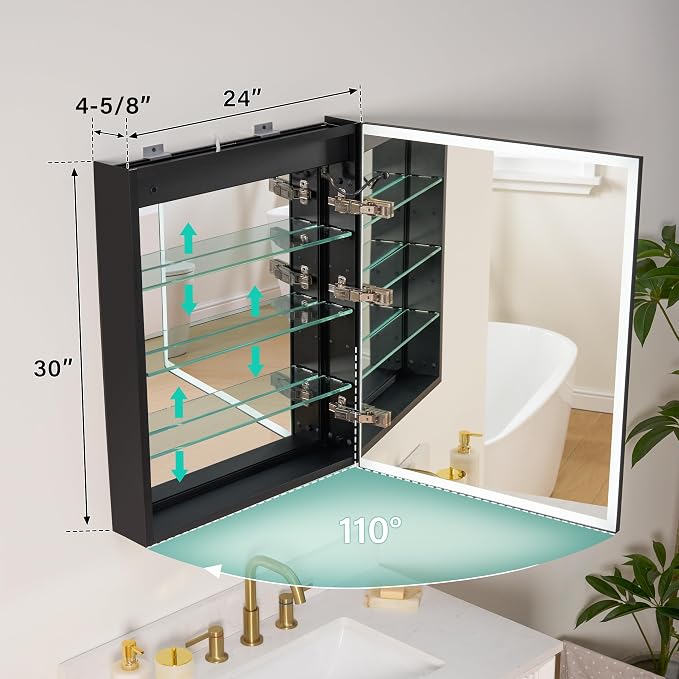 WELLFOR 24" X 30" LED Mirrored Medicine Cabinet, Medicine Cabinets - Image 2