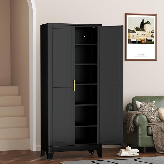Metal Pantry Cabinet with 2 Doors and 5 Adjustable Shelves, Versatile Storage - Image 8