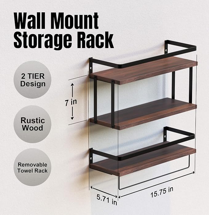RICHER HOUSE 2+1 Tier Wall Mounted Floating Shelves Set of 2, Rustic Wood Shelf - Image 2