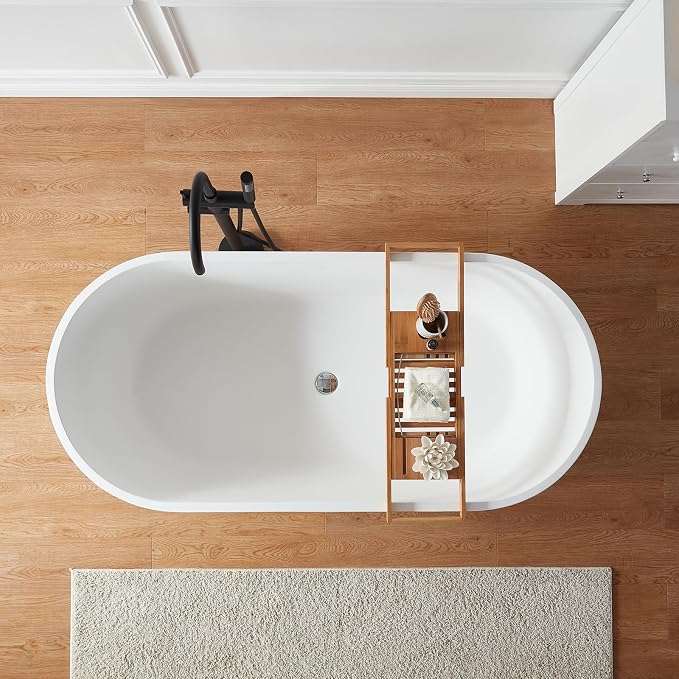 Cpingao 63" Stone Resin Freestanding Bathtub, Modern Oval Solid Surface Soaking - Image 3