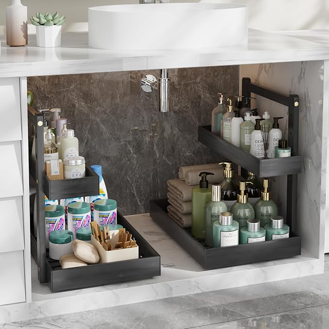 Bamboo Under Sink Organizer and Storage, 2 Tier Pull Out Cabinet Organizer by Unknown