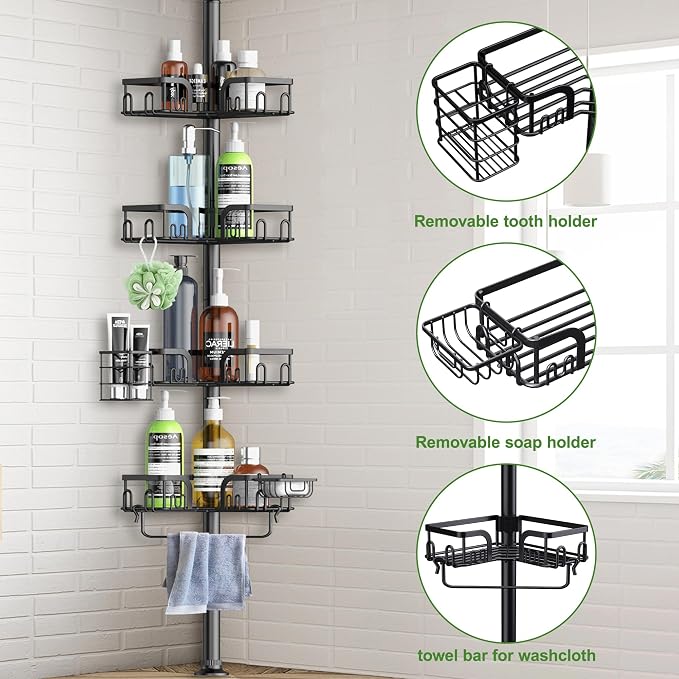 Corner Shower Caddy Tension Pole, 4-Tier Rustproof Bathroom Organizer Storage - Image 3