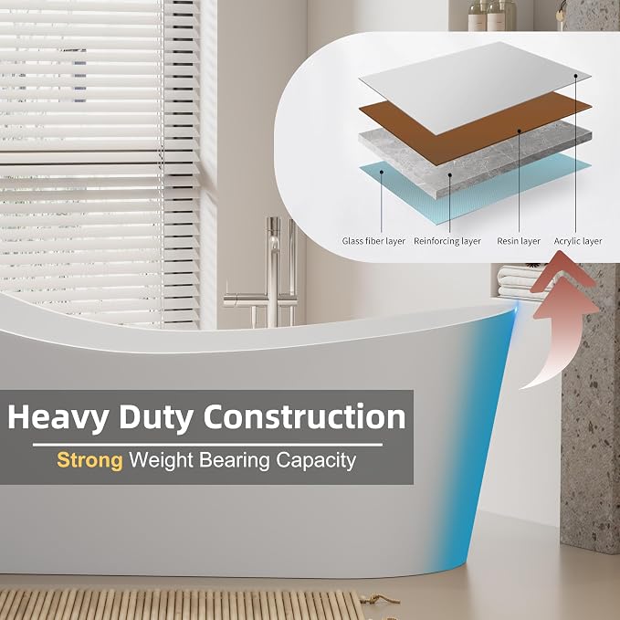 55" Freestanding Slipper Soaking Bathtub, WHALEKING Luxury Curve Edge Stand - Image 5