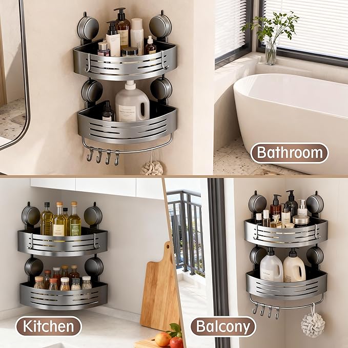 Corner Suction Cup Shower Caddy, No-Drilling Aluminum Shower Shelf - Image 6