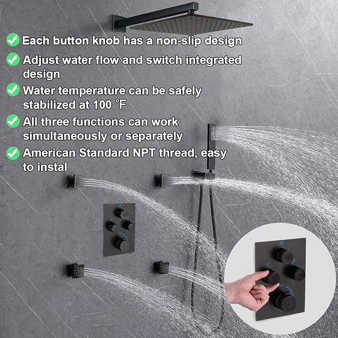 Push Button 3 Way Thermostatic Shower Diverter Valve, Concealed 3 Outlet Multi - Image 3